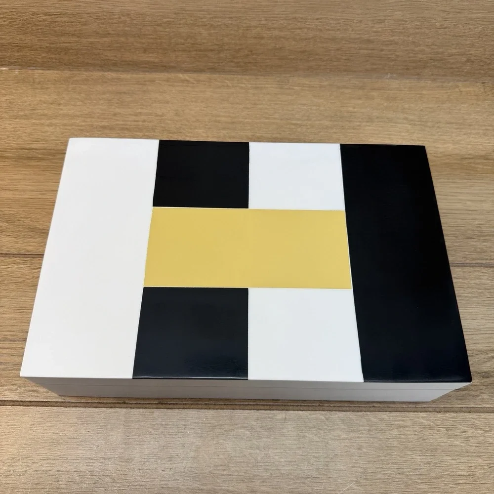 Handmade Wood Storage Stash Trinket Box Black Yellow White Geometric Hinged READ